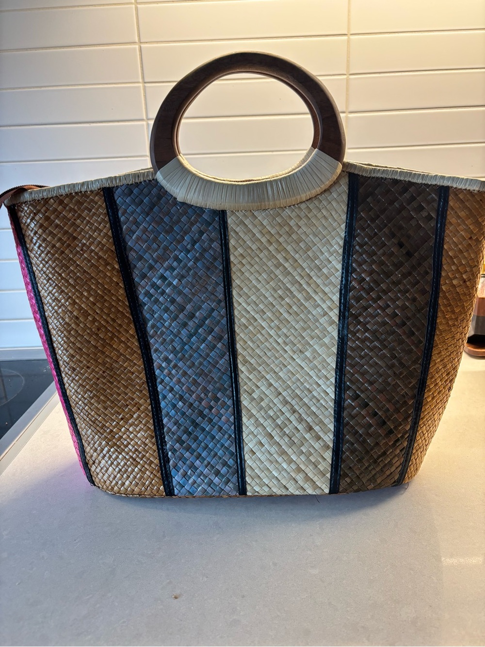 🦋Bohemian🦋Hand Woven Straw Multi-Color Tote Bag with Wooden Handles